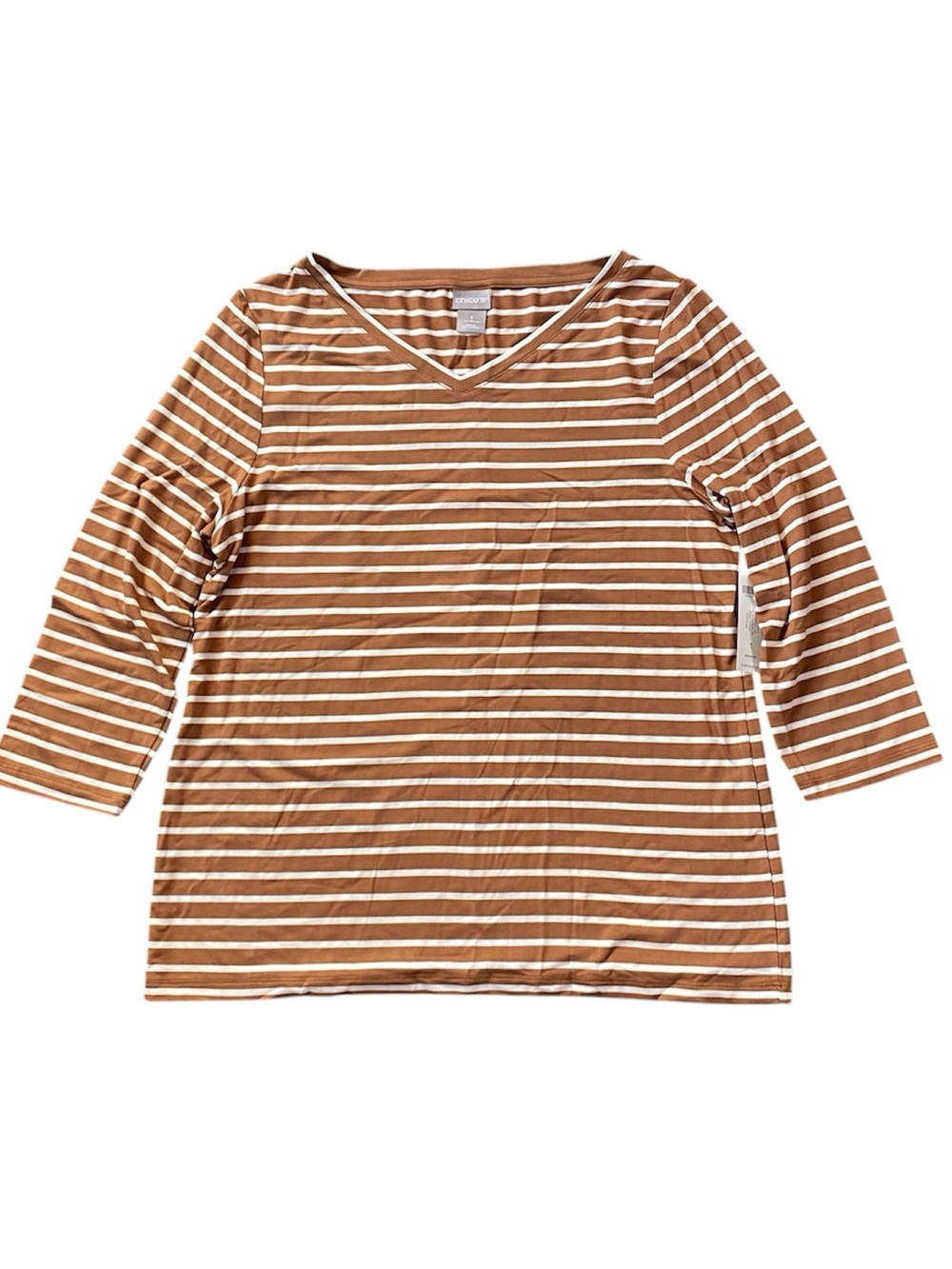 NWT Chicos v Neck 3/4 sleeve Basic Stripe Top Brown White Size 1